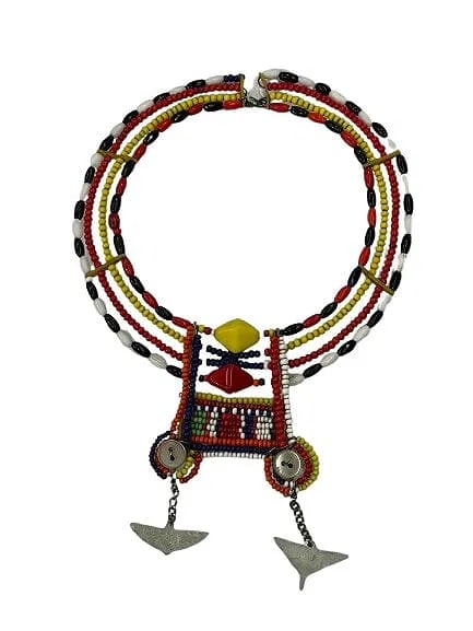 African Maasai wedding collar necklace with beads metal: African Maasai wedding collar necklace with beads metal measuring about 6 inches in diameter and 8 inches long. A unique decorative wall hanging and wearable custom jewelry from Africa.