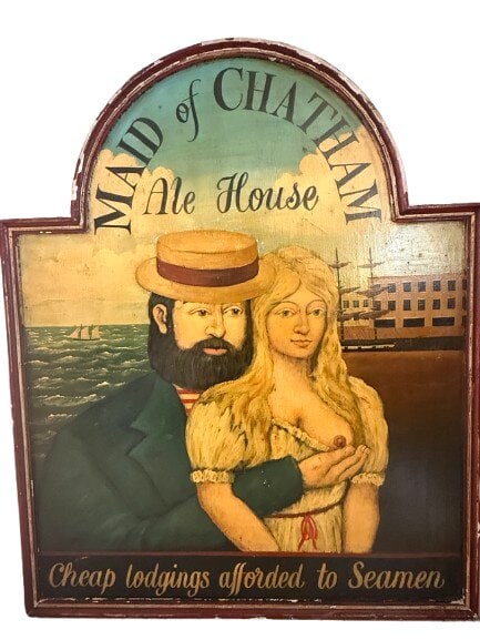 Hand painted old sign painting of Maid of Chatham Ale House.: Note to buyers :This lot is located in Boston Massachusetts and could be picked up or shipped to any destination in the USA from Boston.An old hand painted wooden trade or pub sign for the Maid of Cha