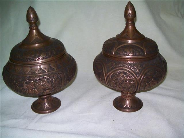 Vintage Pair of hand hammered PERSIAN COPPER URNS (1 of 10)