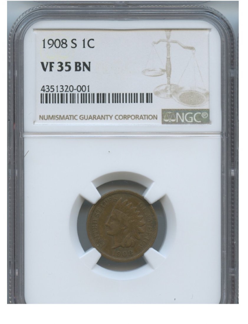 1908-S 1C VF35 BN NGC Lincoln Penny Rare Coin (1 of 2)