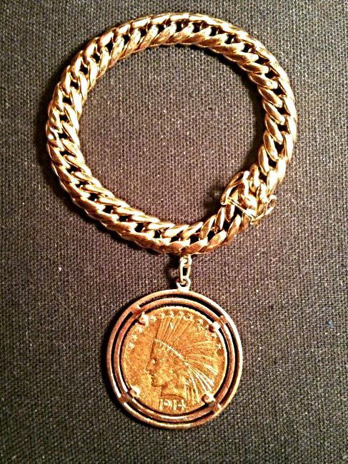 750/900 GELBGOLD BRACELET MIT MÜNZE-ANHÄNGER, um 1914 (1 of 5)