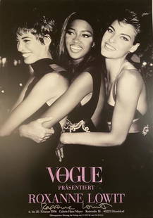 Roxanne Lowit Deutsch Vogue Galerie Hans Mayer Poster: Deutsch Vogue Prasentiert Roxanne Lowit, Galerie Hans Mayer Gallery Autograpehd Poster, 1996. A oringal signed lithographic gallery exhibition poster published by Galerie Hans Mayer and Deutsch Vogue.