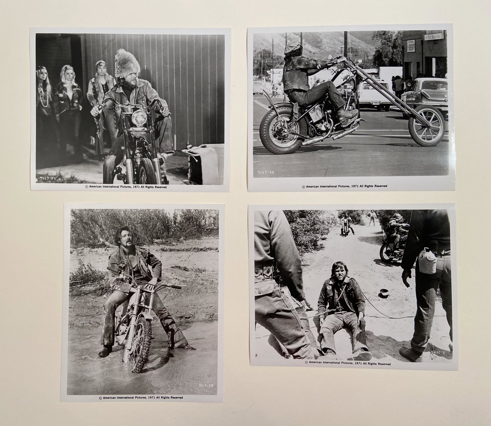 Four 1971 Black and White Outlaw Biker Movie Stills: Four 1971 Black and White Outlaw Movie Studio Stills from the films "The Hard Ride” and “Chrome and Hot Leather”. Also see Lot #24 for four more similar photographs.