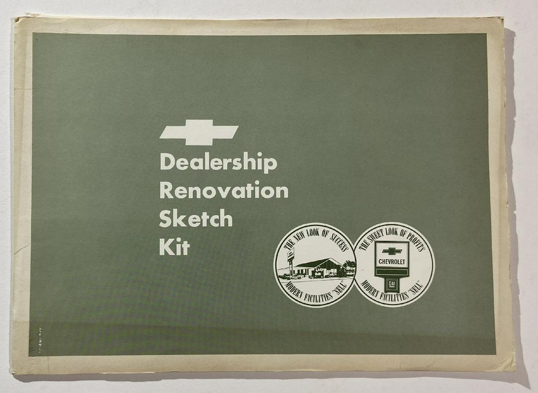 Vintage Chevrolet Dealership Renovation Sketch Kit,: Vintage Chevrolet Dealership Renovation Sketch Kit, with blank mylar sheets and four designs for the sevice dept, used car dept., and the general facilities measuring 10.5” x 14.5”Original America