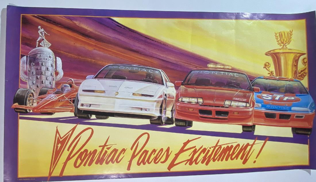 “Pontiac Paces Excitement” Old 500 and Nascar Poster: “Pontiac Paces Excitement” Ofd 500 and Nascar Poster measuring 18” x 34”, Original American Dealership item from the Art Gould Collection at no reserve.