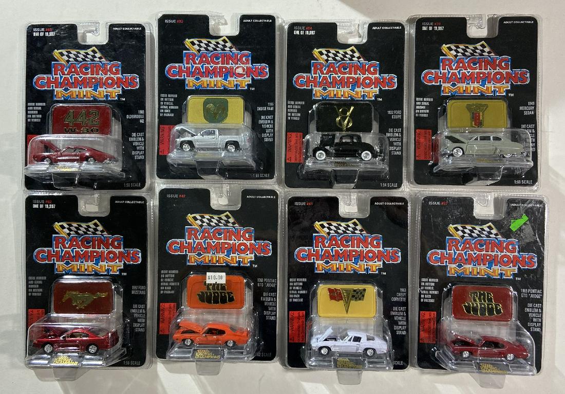 Racing Champions Mint, Corvette, Ford Mustang, Pontiac: Racing Champions Mint, Corvette, Ford Mustang, Pontiac GTO, Tucker, Oldsmobile 442, (8), Original American Dealership item from the Art Gould Collection at no reserve.