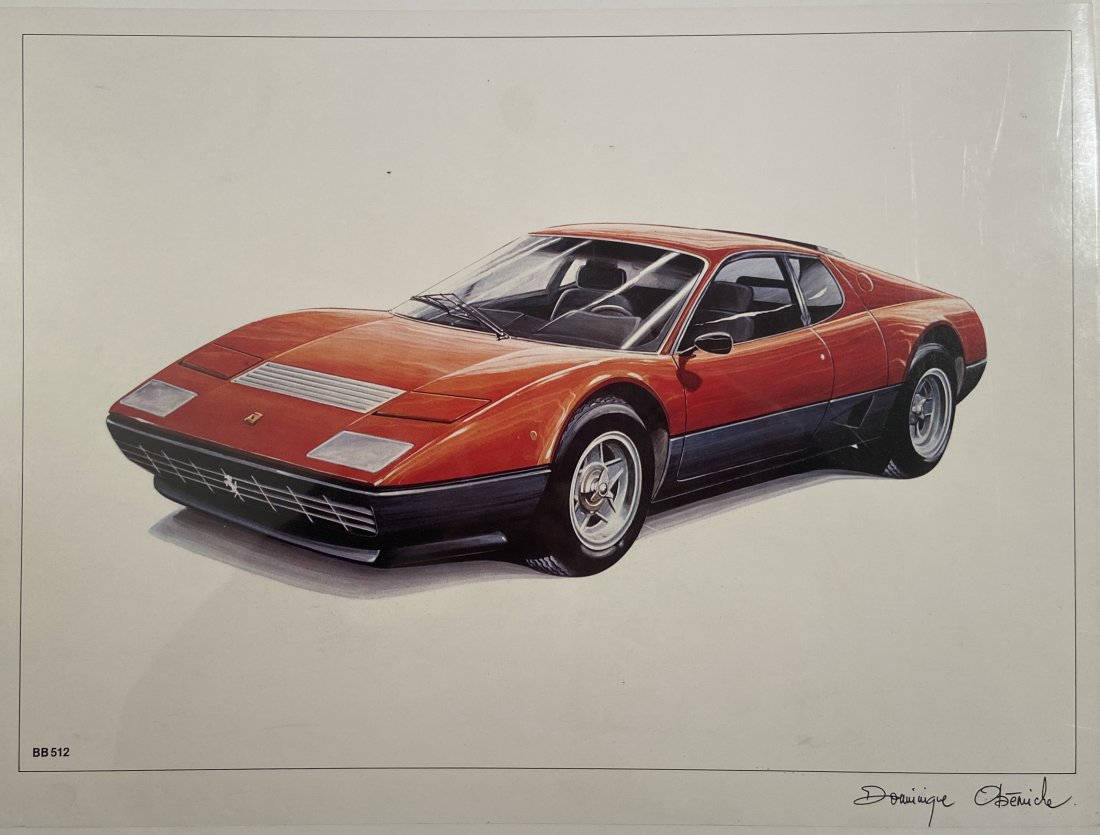 “Ferrari BB512, Berlinetta Boxer” Lithographic Print: A lithographic print based on an original watercolor by the french artist Dominque Bresson. Measures 11.5”x 15.25”