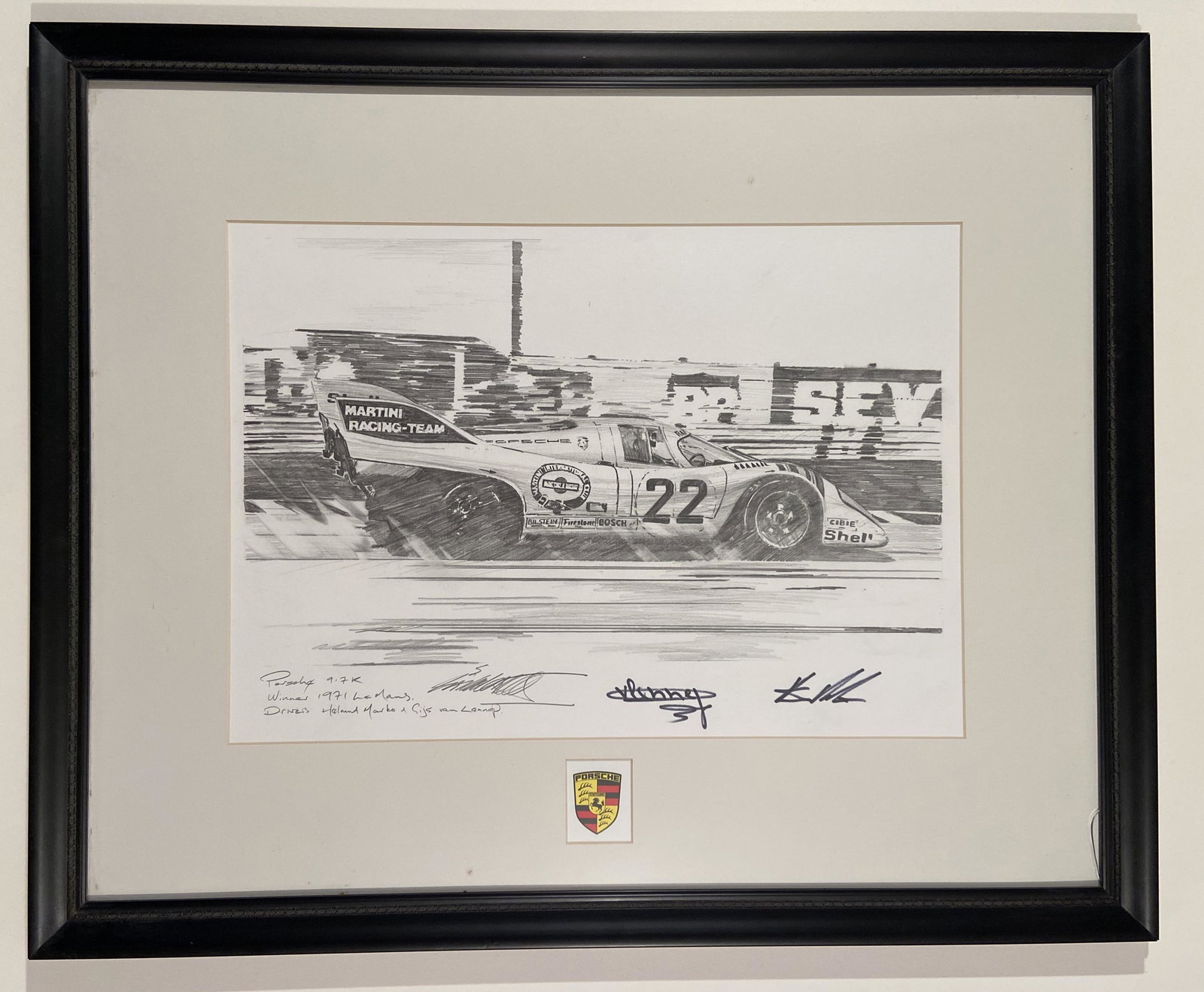 Porsche 917K winner of LeMans, Helmut Marko and Gijs: Porsche 917K winner of LeMans, Helmut Marko and Gijs van Lennep signed framed print, with special mat cutout for Porsche logo, Signed by the artist and the two drivers, beautifully framed, Image is 13