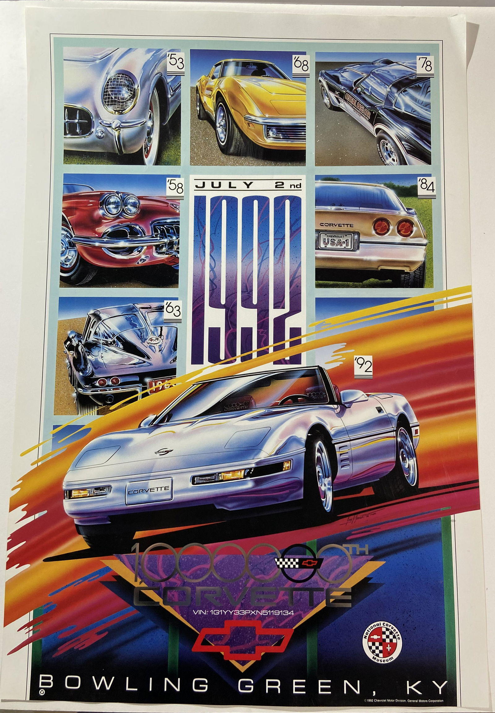 1992 Chevrolet Corvette Bowling Green Poster: 1992 Chevrolet Corvette Bowling Green Poster measuring 36” x 24”, Original American Dealership item from the Art Gould Collection at no reserve.