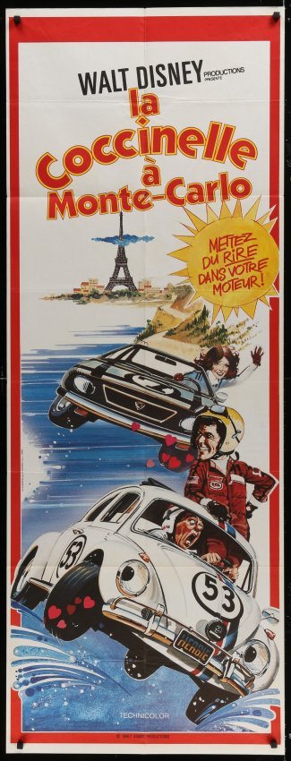 HERBIE GOES TO MONTE CARLO 1978 Disney Poster: An Original 1978 (from the first release of this movie in France) Vintage Theatrical Folded French Door Panel "Pantalon" Movie Poster. Magnets in the photo are only to hold up the poster for photograp