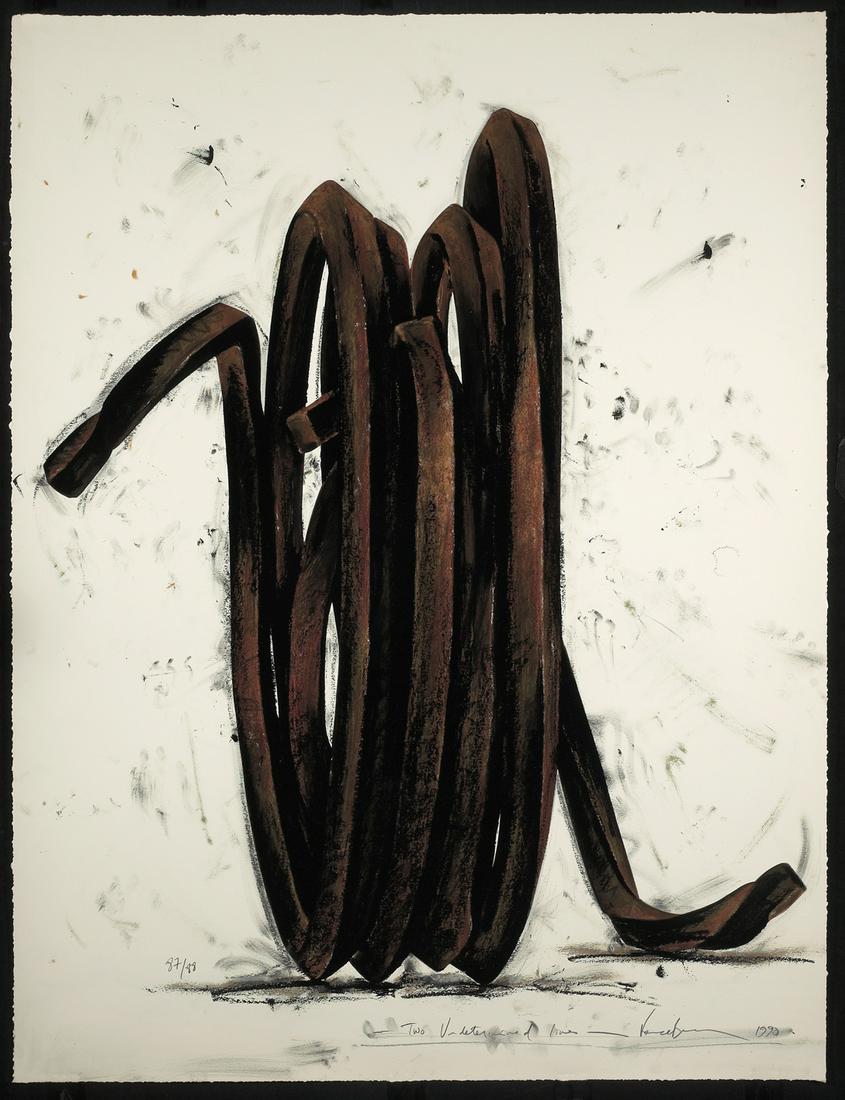 Bernar Venet, “Two Undetermined Lines”, 1990, screenprint: Bernar Venet, “Two Undetermined Lines”, 1990, A extensively hand painted 32 color hand printed silkscreen. This print measures 54 x 41 inches and was prints in an edition 88 print plus pro