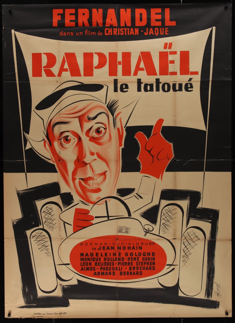 Ferandel-Raphael Le Tatoue French Movie Poster , 1939: Ferandel-Raphael Le Tatoue French Movie Poster , 1939, with great Formula One art by Clement Hurel, This vintage movie poster measures 62.75 x 46 inches. This is a country of origin poster for this mo