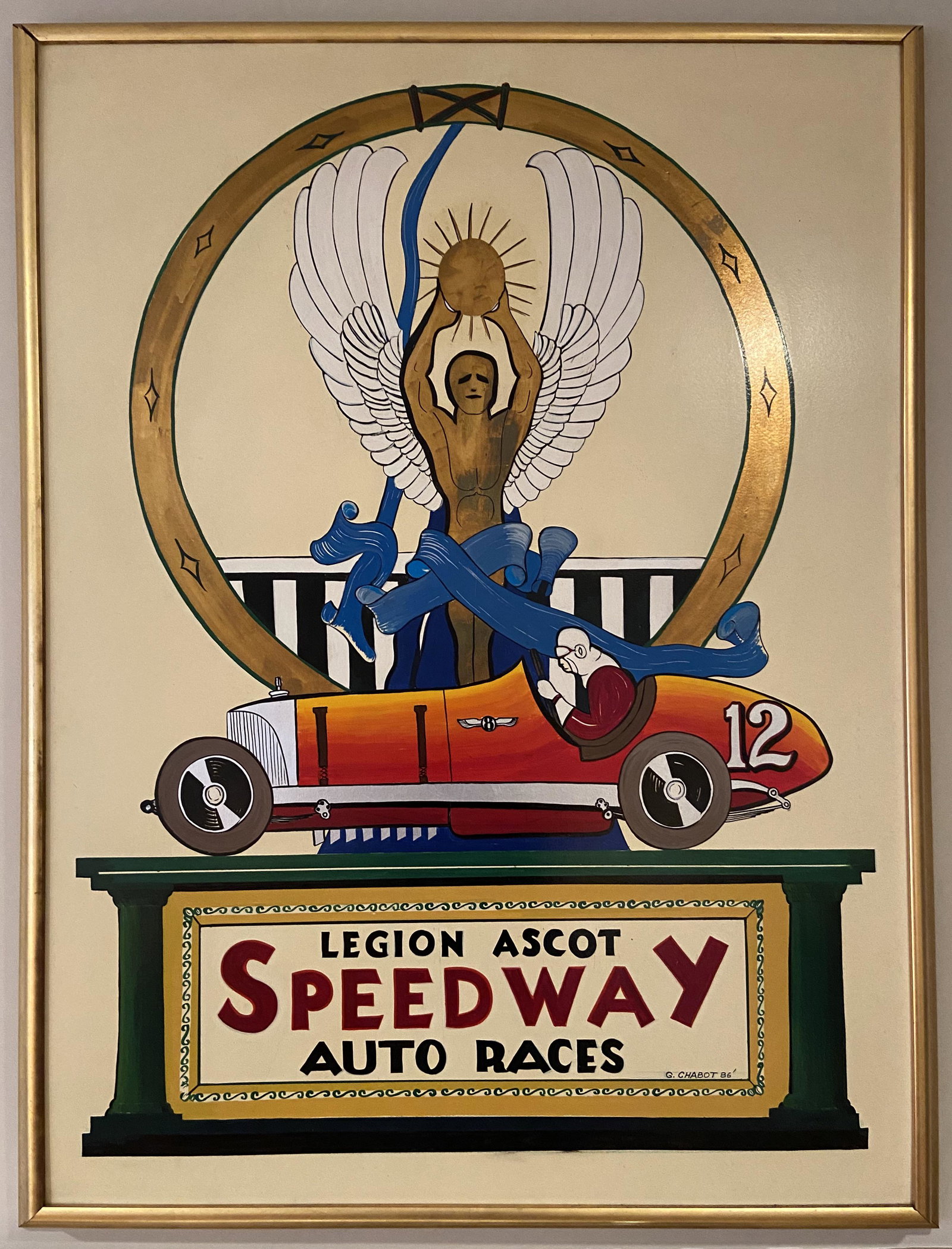 Legion Ascot Speedway Painting, Midgets, Sprint cars, and quarter midgets, 1986: Legion Ascot Speedway Painting, Midgets, Sprint cars, and quarter midgets, Original oversize painting on board using gold foil by the artist, G. Shabot. framed, An older but a very expensive frame, fo