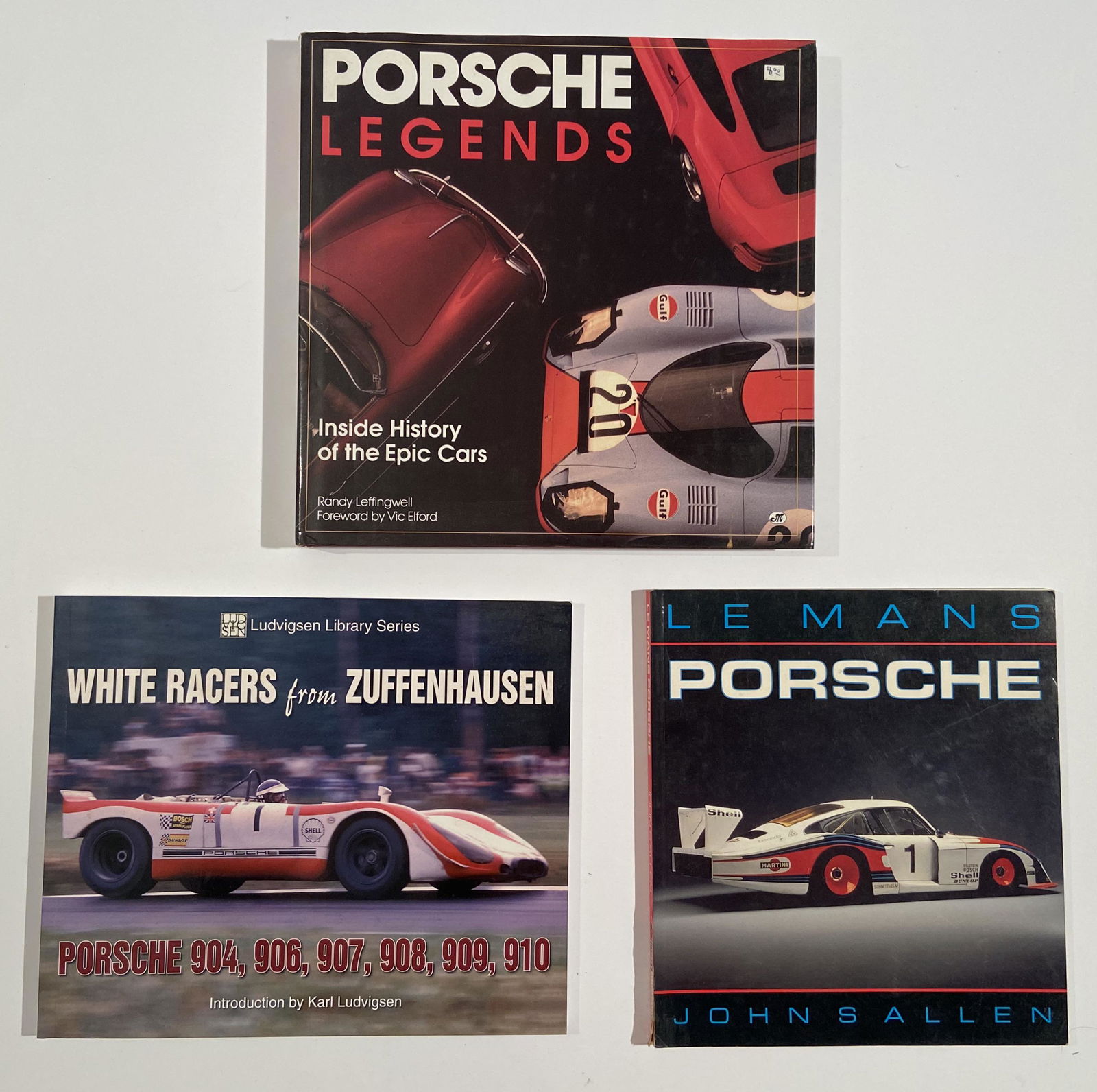 Three Porsche books, Le Mans Porsche, White racers-Porsche 904, 906, 907, 908, 909, 910, and Porsche: Three Porsche books, Le Mans Porsche, White racers from Zuffenhausen, Porsche 904, 906, 907, 908, 909, 910, and Porsche Legends, Inside history of the epic cars by Randy Leffingwell