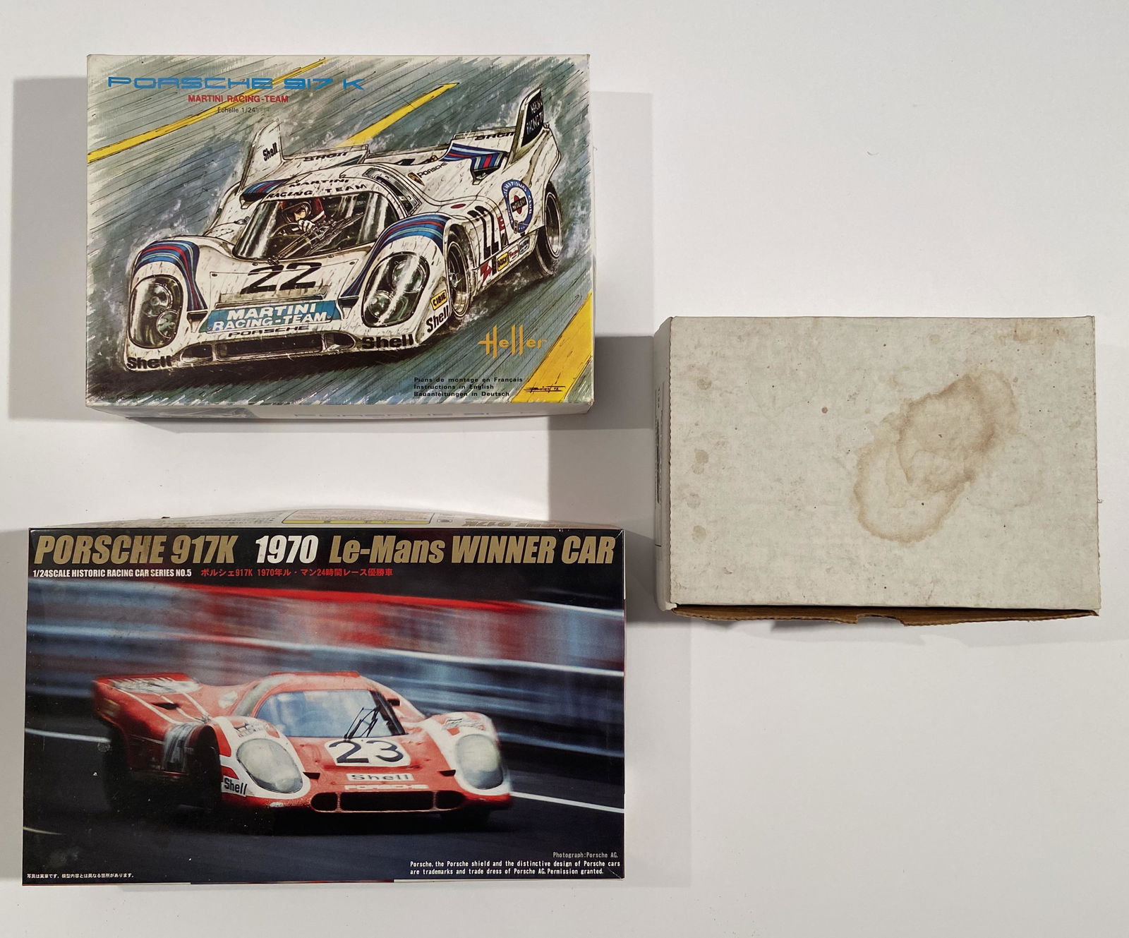 3 car models, One  Japanese Porsche 917K 1970 LeMans Winner car,  One French Martini 917  by Heller, (1 of 2)