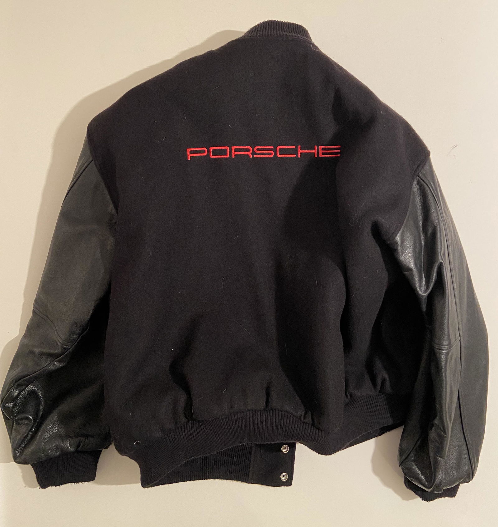 Porsche Lettermanâ€™s Jacket with red Porsche logo on back (1 of 3)