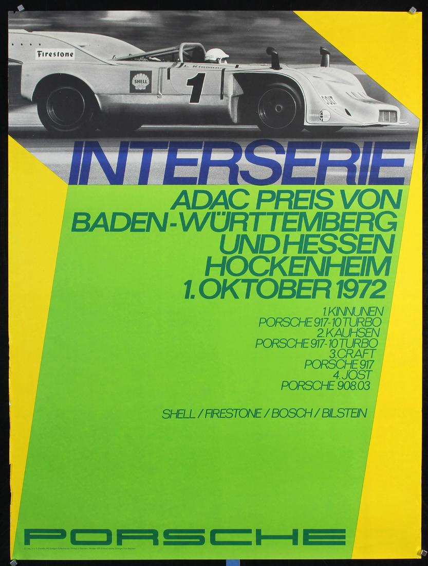 1972 ADAC Porsche 917 factory success poster, Stenger, Hockenheim, Interserie: 1972 ADAC Porsche 917 factory success poster, Stenger, Hockenheim, Interserie Designed by Erich Strenger, (Studio)Porsche - InterseriePhoto/Offset 1972, Oversize factory poster measuring40.1 x 29.9 in