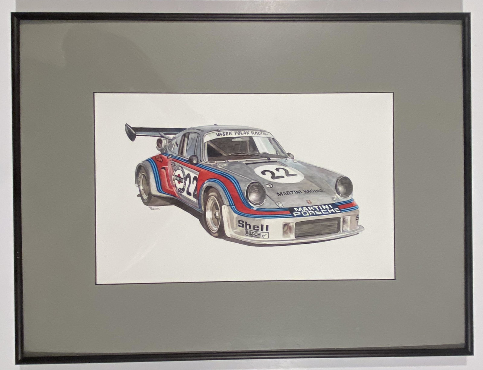 Porsche Martini racing 935, original painting by Steve Foster: Porsche Martini racing 935, original painting by Steve Foster the frame measures 16 x 21.25 inches with the image showing through the custom mat is 9 x 13 .75 inches. Beautifully framed presentation