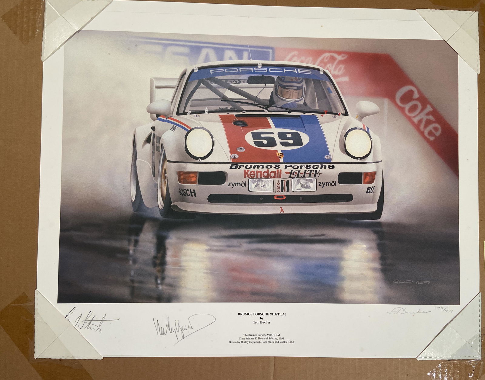 Brumos 911GT LM Porsche Sebring Race car print, Hurley Haywood, and Hans Stuck, signed (1 of 4)