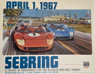 Vintage Original 1967 Sebring Poster Ford GT40, Porsche, Michael Turner