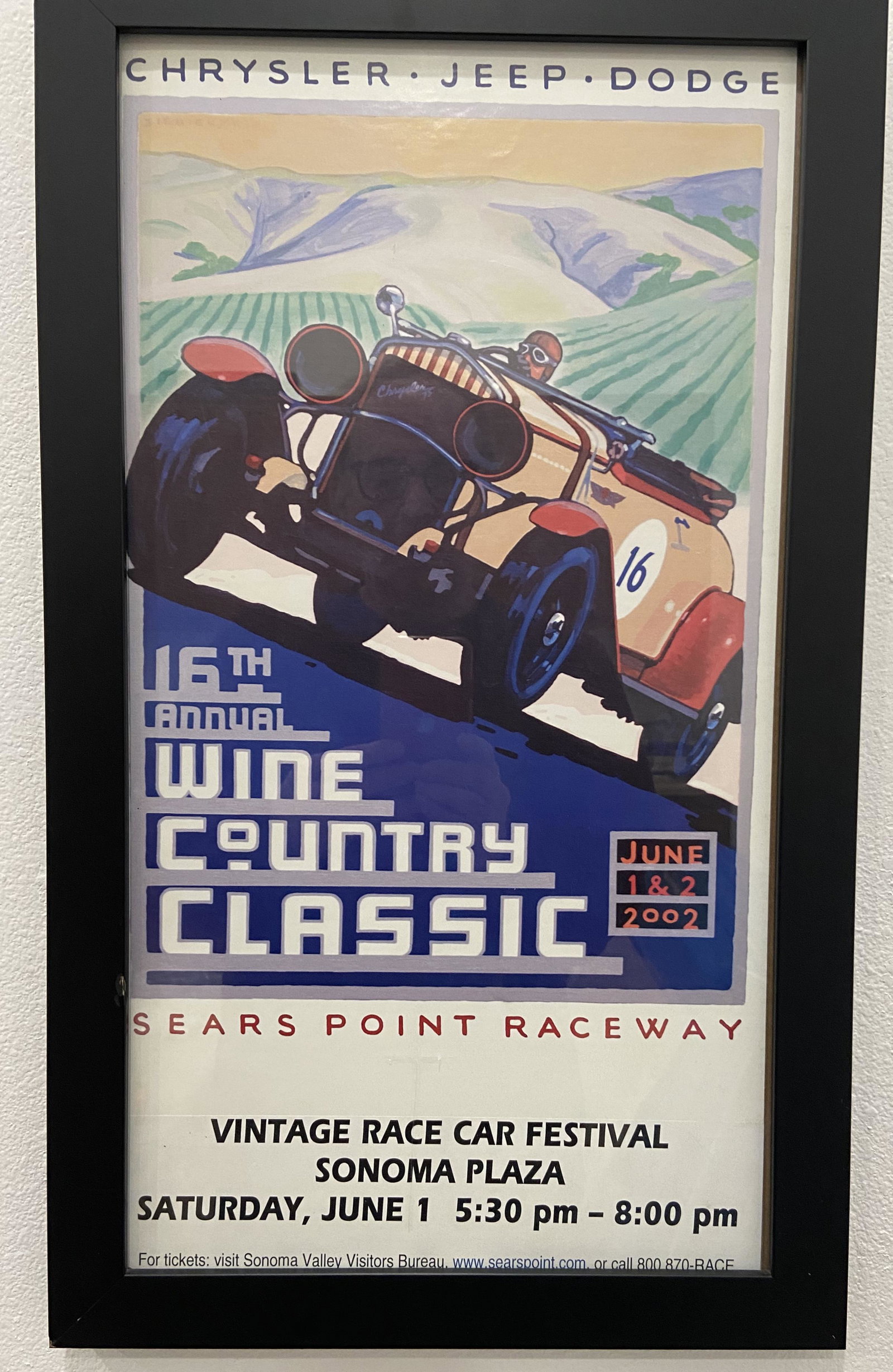 Wine Country Classic Sears Point Raceway Poster: 16th Annual Wine Country Classic Sears Point Raceway Poster from 2002, nicely framed measuring 22.75 x 12.5 inches