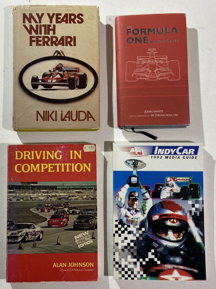 NIki Lauda Ferrari Formula One Indycar and Competion Books 4: My Years with Ferrari by Niki Lauda and The Formula ONe Miscellant by John White with forward by Stirling Moss and Driving in Competition by Alan Johnson and Indycar 1992 Media Guide Four Book