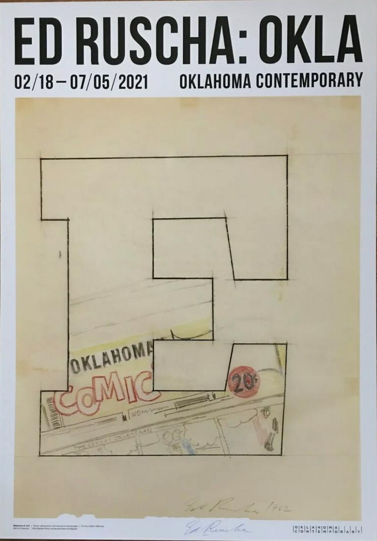 Ed Ruscha Oklahoma OKLA Hand Signed Poster: Ed Ruscha Oklahoma OKLA Hand Signed Museum Lithographic Poster limited to 10 signed copies 2021 measuring 35 x 24.75 inches This rare museum exhibition poster was published for the Edward Ruscha widel
