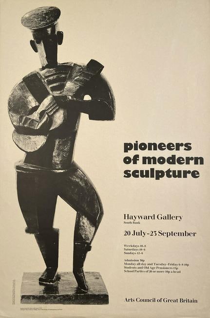 JACUES LIPCHITZ “Pioneers of Modern Sculpture", Hayward Gallery, London, by Jacques Lipchitz: "Pioneers of Modern Sculpture", Hayward Gallery, London, 1973. Extremely rare and early Lithographic Museum Exhibition Announcement Poster. 29.75" X 19.75" On thinner paper. Features in an image of a 