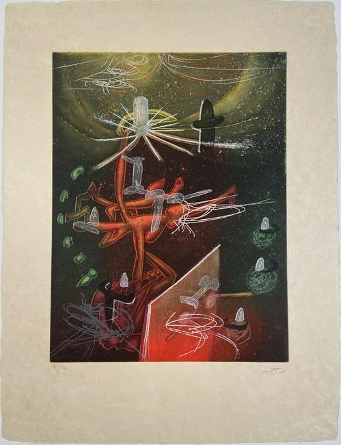 Roberto Matta, Je Fixe des Vertiges (Palte 1) from Sauson en Enfer Etching, RARE on Japon Paper: Roberto Matta, Je Fixe des Vertiges (Plate1) from Saison en Enfer Portfolio, Original Etching on Japon paper 1977 measuring 26 x 20 inches from the limited edition of 100 prints One of the few on Japo