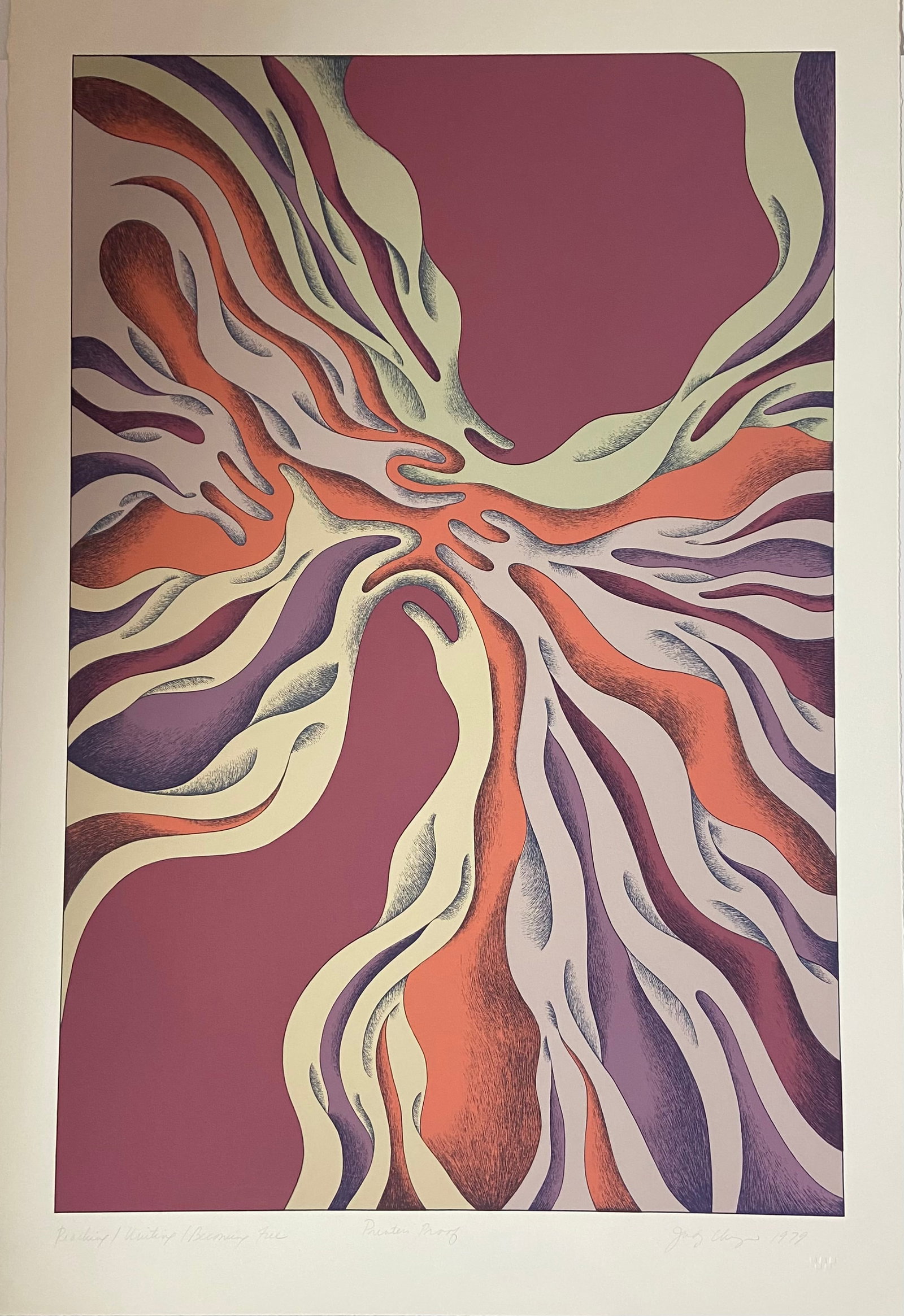 Judy Chicago, “ Reaching/Uniting/Becoming Free, 1979 Rare Silkscreen, Feminist Art.: Judy Chicago, “ Reaching/Uniting/Becoming Free, 1979 Rare Oversize Silkscreen came directly from the printer who printed it back in 1979, and is thus a one of two {Printers Proofs). Measures 41&rdqu