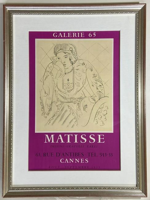 Matisse, Dessins, Gravures Rares, Galerie 65 Cannes, at the Timothy Yarger Gallery $6,500: Matisse, Dessins, Gravures Rares, Galerie 65, Cannes by artist Henri Matisse. A Vintage Stone Lithographic Gallery Exhibition Poster published by Berggruen Gallery, Paris measuring 33.5" x 25", In a b