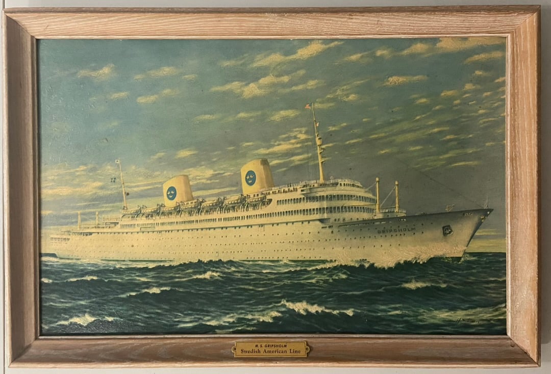 Painting on Board Swedish American LIne by M.S. Gripsholm with brass plaque and original frame (1 of 4)