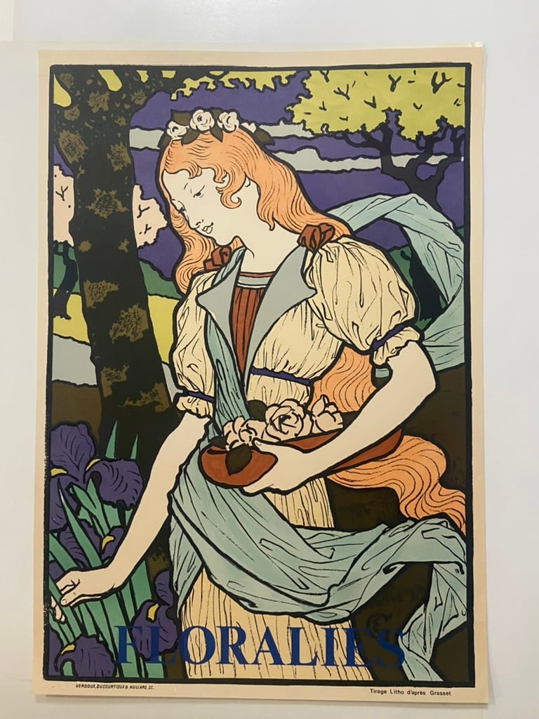 Grasset Art Nouveau HIgh Quality Reprint Poster 1980's Floralie: Printed originally by Verdoux Ducourtioux and Huillard, SC. Printed on the lower right border it sates Tirage Litho d'apres Grasset On nice textured paper, measures 18.75 x 27 inches. Must have been p