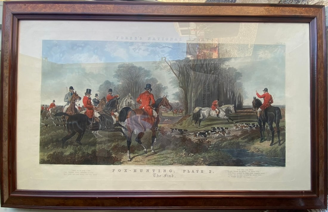 Huge Fox Hunting Engraving Plate 2 The Find from Dales Supper Club, LA 1960's Engraved by J. Harris: FORES NATIONAL SPORTS Huge as the frame measures approximately 4 feet 8 inches wide and 36 inches tall, Beautiful burled wood vintage frame with four hole for mounting in the corners.Very Rare huge an