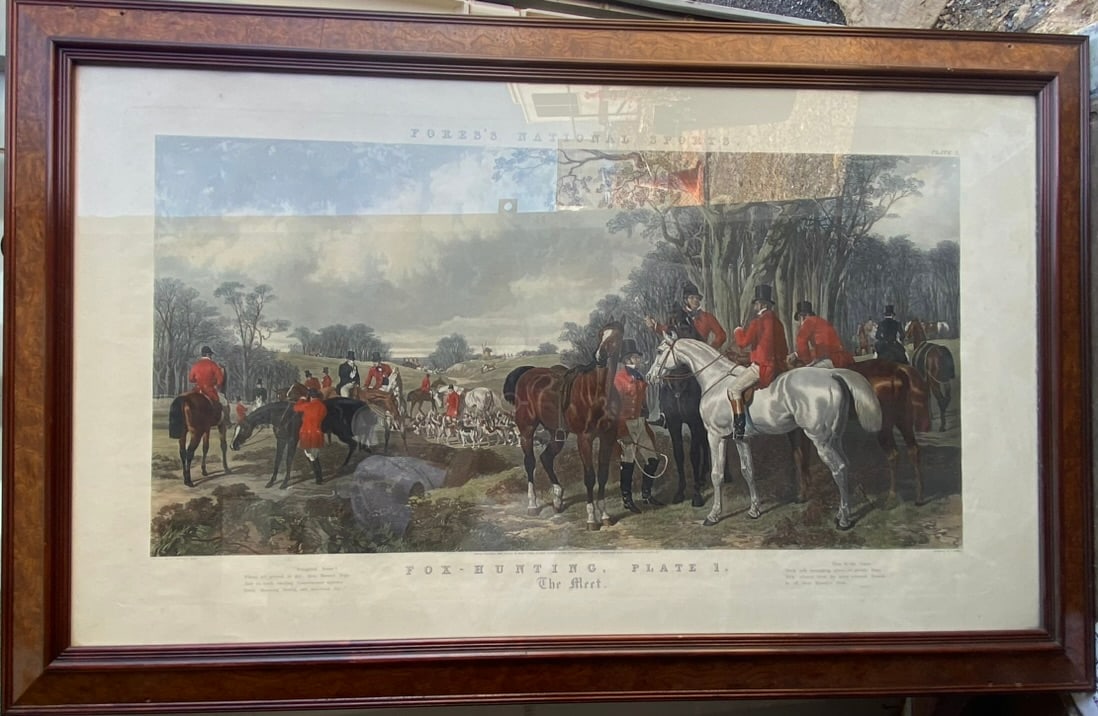 Huge Fox Hunting Engraving Plate 2 THE MEET FORES NATIONAL SPORTS, LA 1960's Engraved by J. Harris: FORES NATIONAL SPORTS Huge as the frame measures approximately 4 feet 11 inches wide and 36 inches tall, Beautiful burled wood vintage frame with four hole for mounting in the corners.Very Rare huge a