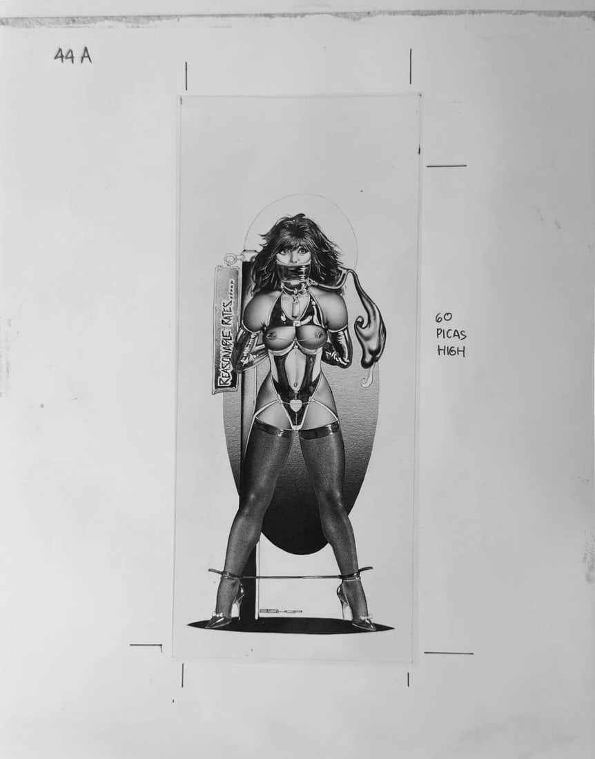 Robert K. Bishop Bondage Artwork Stat Chromline used for book cover production: Robert K. Bishop Bonbdage Artwork Stat Chromline used for book cover production. This is a chromaline or stat not the original drawing, but was used as the way to get the original artwork reproduced o