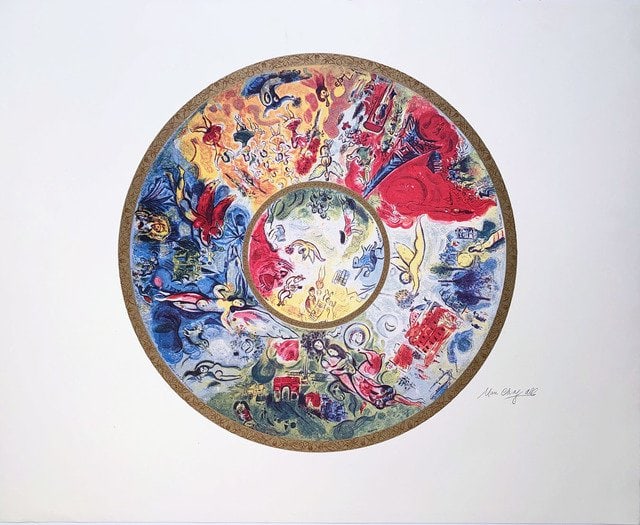 Marc Chagall, Paris Opera Ceiling Print: Paris Opera Ceiling by Marc Chagall Continuous Tone Print, printed in 1985. High Quality Contininous Tone (No Dots) Lithographic Print Signed in the Printing, not a hand signed print measuring 25.25" 