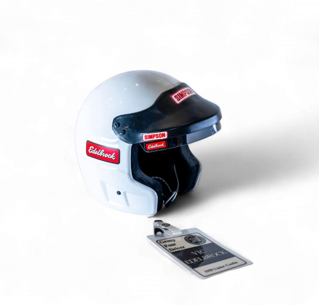 A Miniature Simpson Edelbrock race helmet, with laminated pass (1 of 1)
