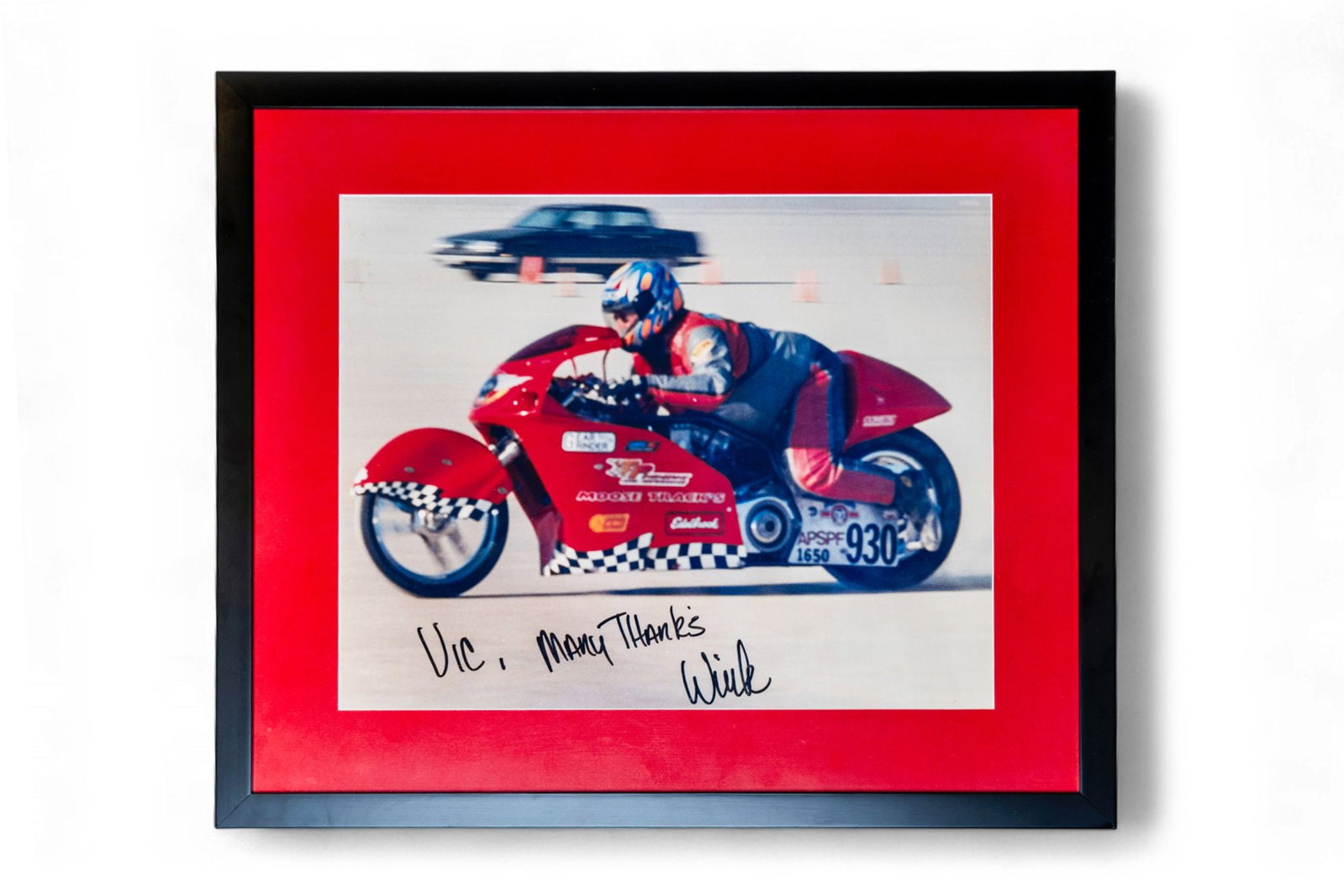 Autographed Wink; Drag Bike Motorcycle Race Photo from the Vic: Autographed Wink Motorcycle Race Photo from the Vic Edelbrock Collection, Nicely Framed and Matted measures 18.5 by 16 inches