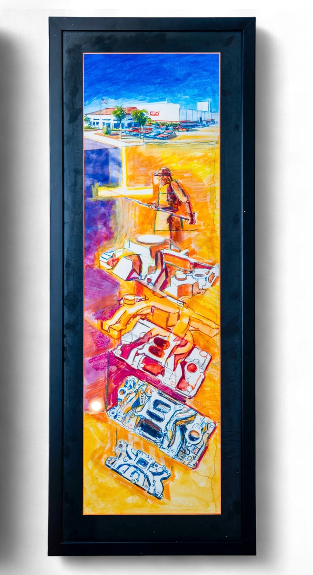 Original Paining Edelbrock Manifold Manufacturing Foundry: Original Paining Edelbrock Manifold Manufacturing Foundry Framed From the Edelbrock Musuem See photo form Hot Rod Magazine showing the painting in the Edelbrock Museum measures 31.5 by 12.25 inches