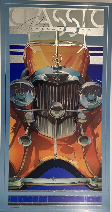 Classic Reflections, Mercedes Benz Print, by artist Peter Palombi: Classic Reflections, Mercedes Benz, Mirage Editions, Summer, High quality Lithograph printed on special mirrored mylar, Gallery Poster, 1990. This rare print measures 34â€ x 17.75â€ It