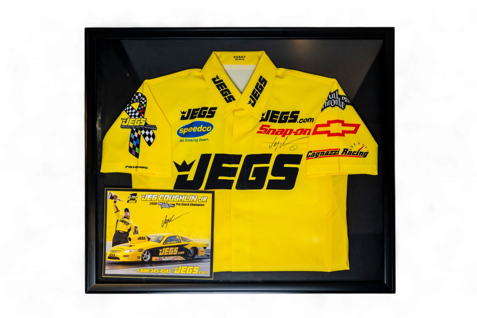 A framed Jeg Coughlin Jr. race team s from the Edelbrock Museum (1 of 1)
