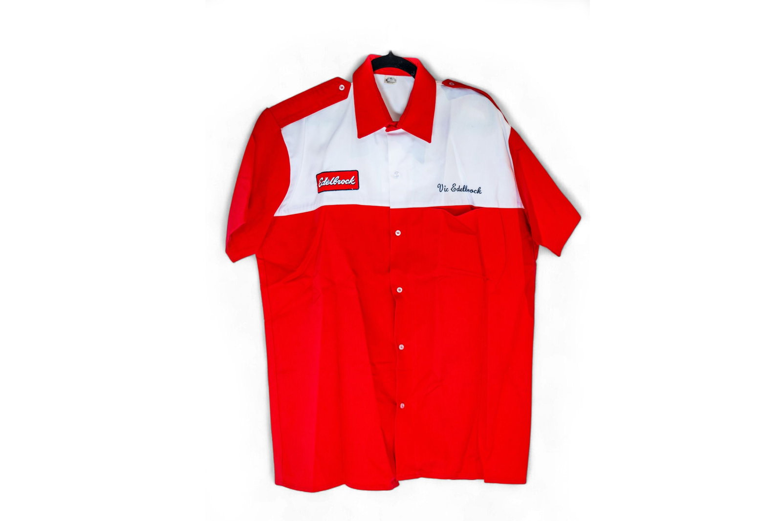 red Edelbrock shirt with 'Vic Edelbrock' embroidered on the left chest and on the back, men's size (1 of 2)
