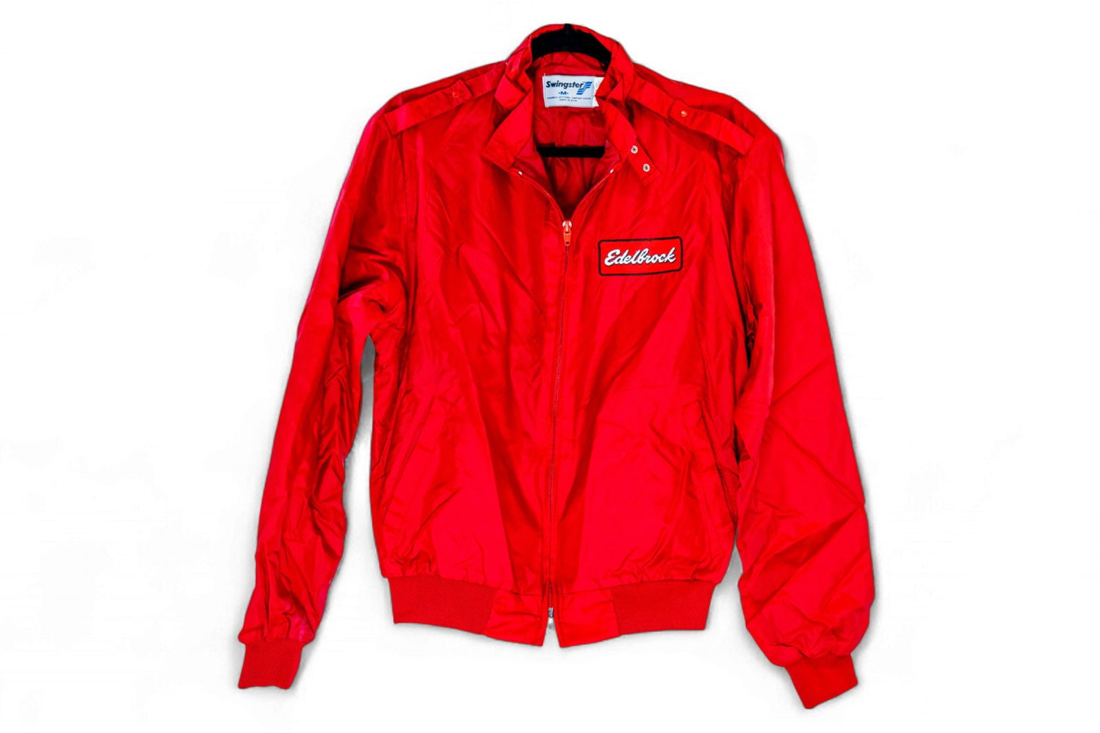 A Red, Edelbrock "Member's Only" style satin jacket, polyester blend, men's size Extra Large.: A Red, Edelbrock "Member's Only" style satin jacket,polyester blend, men's size Extra Large. Vic Edelbrock Race Used Jacket, RARE From the Edelbrock Museum Collection