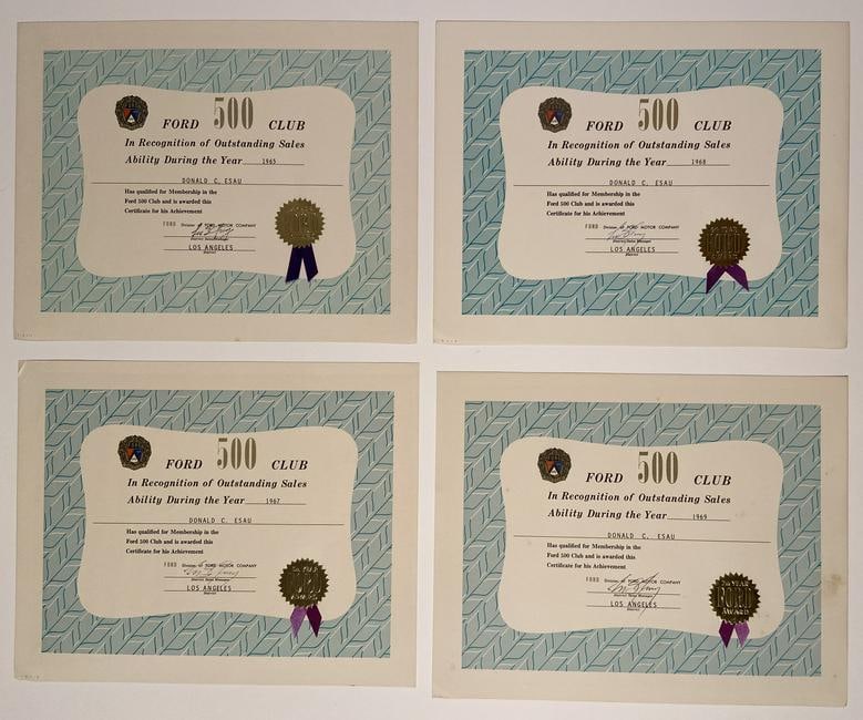 Ford 500 Club, 1960â€™s (4), gold embossed certificates: 1965, 1967, 1968, 1969, each measuring 11â€ x 14â€, Signed by the District Manager, RARE, See the next lot for four more