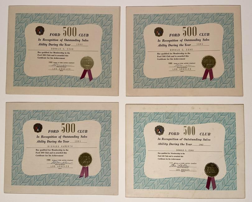 Ford 500 Club, 1960â€™s (4), gold embossed certificates: 1960, 1961, 1961, and 1962, each measuring 11â€ x 14â€, Signed by the District Manager, RARE, See the previous lot for four more