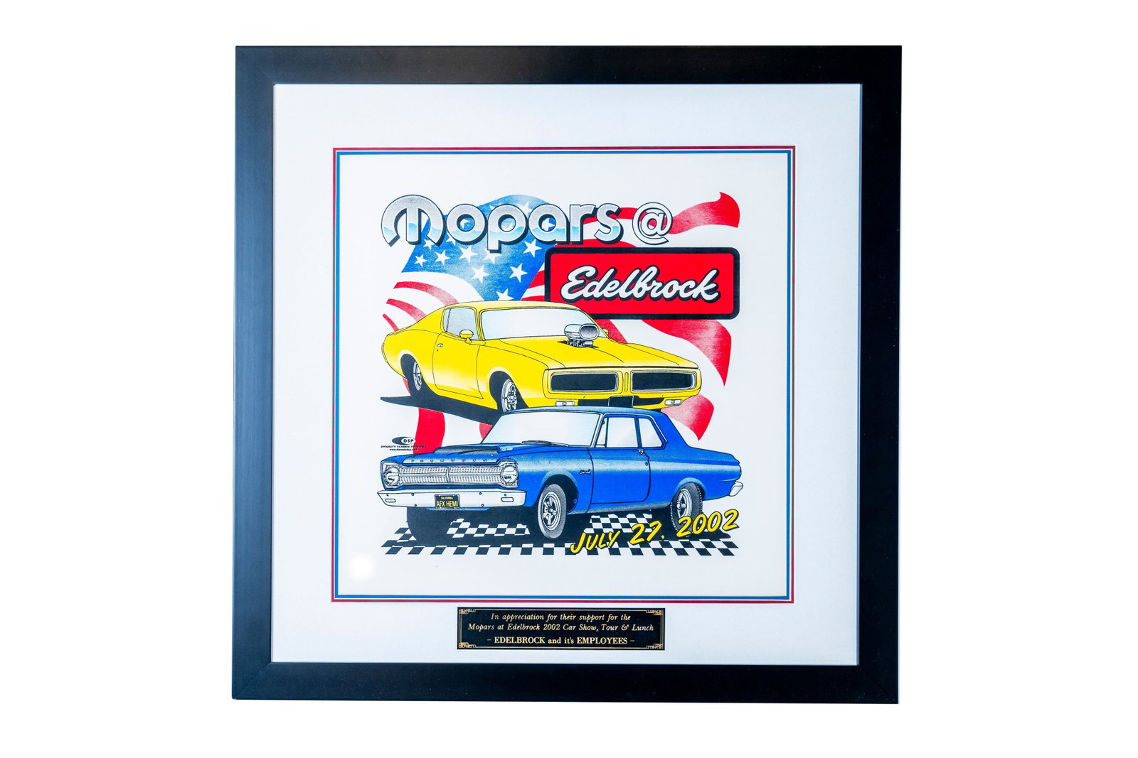 Mopars at Edelbrock Artwork Print with brass plaque from the Edelbrock Museum: Mopars at Edelbrock Artwork Print with brass plaque from the Edelbrock Museum Framed measures 22.25 by 22.25 inches