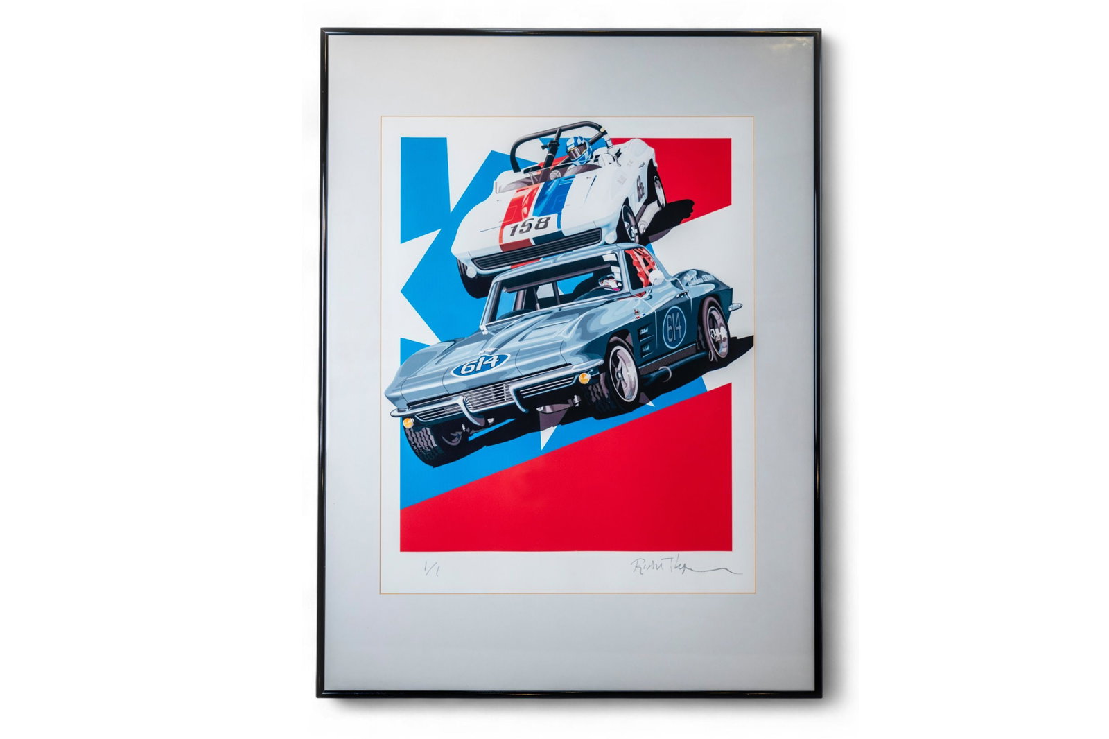 Racing Corvettes Framed Litho Print from the Edelbrock Museum Unique: Racing Corvettes Framed Litho Print Signed and numbered in pencil fNicely Matted and Framed Poster from the Edelbrock Museum Oversize measures 32 by 24.25 inches UnIque numbered 1/1 for Vic EDelbrock