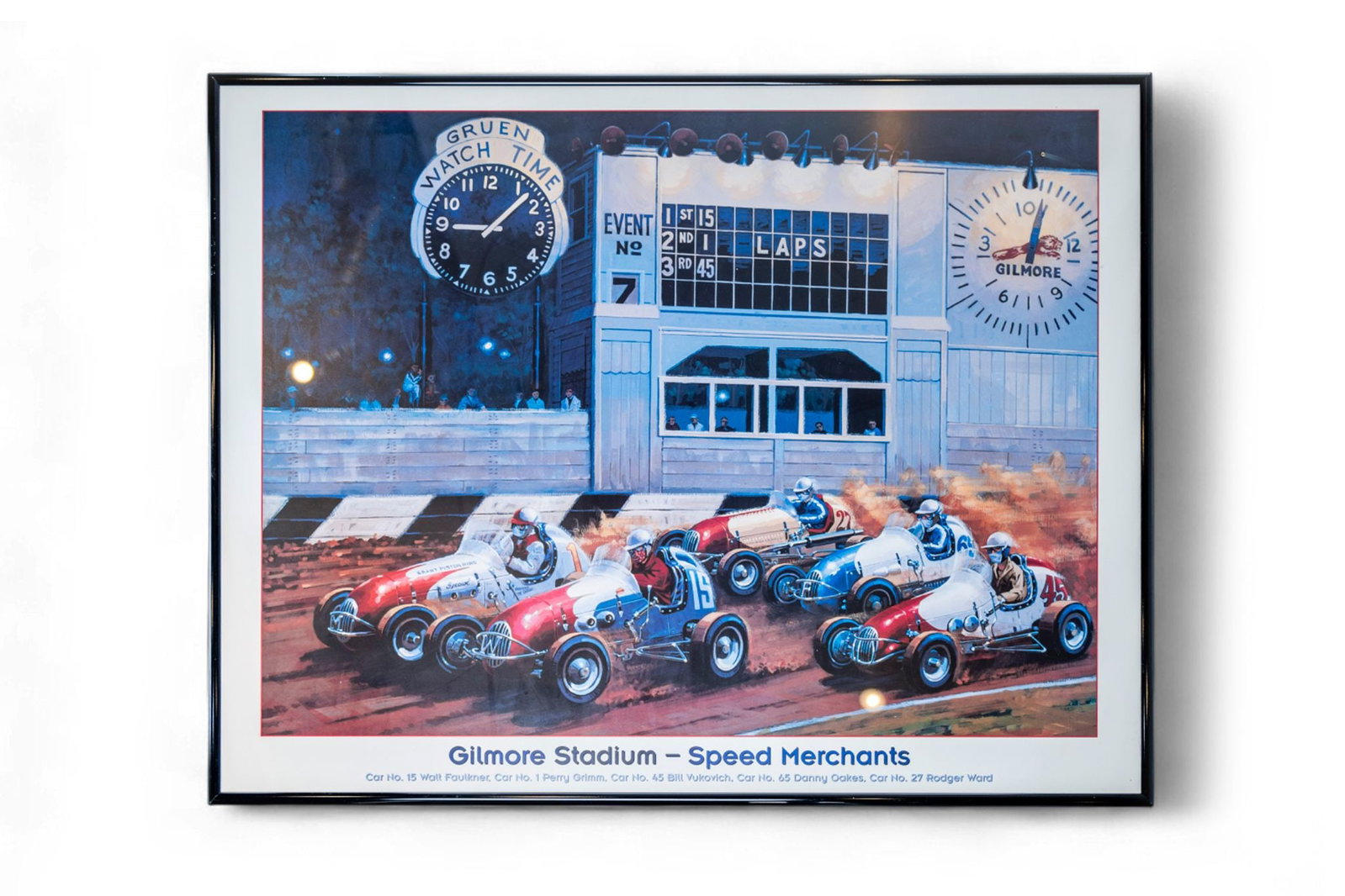 Gilmore Stadium Los Angles Speed Merchants Midget racing 1950â€™s Framed Poster: Gilmore Stadium Los Angles Speed Merchants Midget racing 1950â€™s Framed Poster from the Edelbrock Museum, see installation shot in Hot Rod Magazine article on the Museum, measures 28