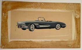 Corvette Original Period Vintage Painting, 1950s: Most likely used for a factory brochure or promotional material, when they used illustrators instead of photographers to highlight their cars. Measures 16â€ x 27.75â€